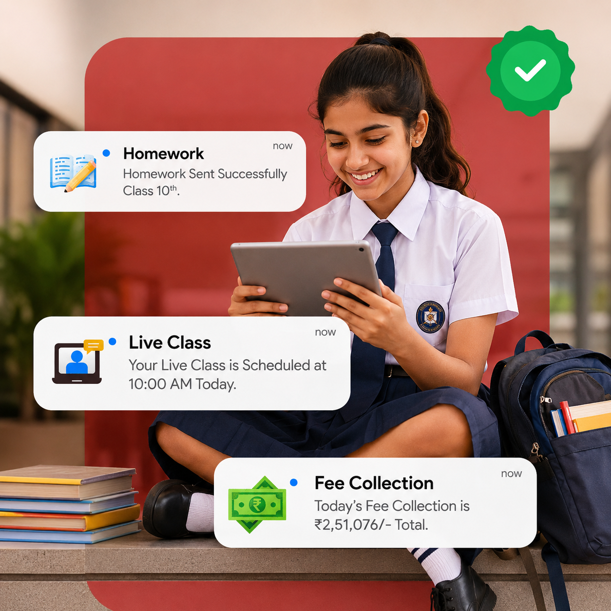 Campus OS teacher dashboard showing homework, attendance and school management features