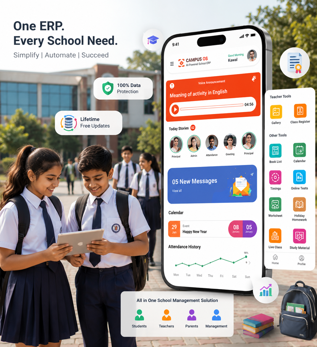 Campus OS AI Powered School ERP Software Dashboard for Schools, Colleges and Universities